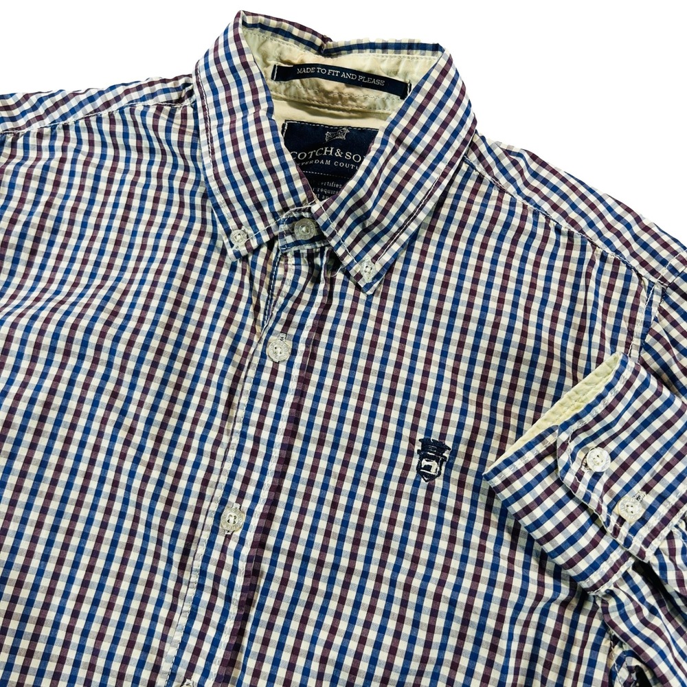 Scotch & Soda Button Down Shirt Mens M Blue Burgundy Gingham Plaid Cotton